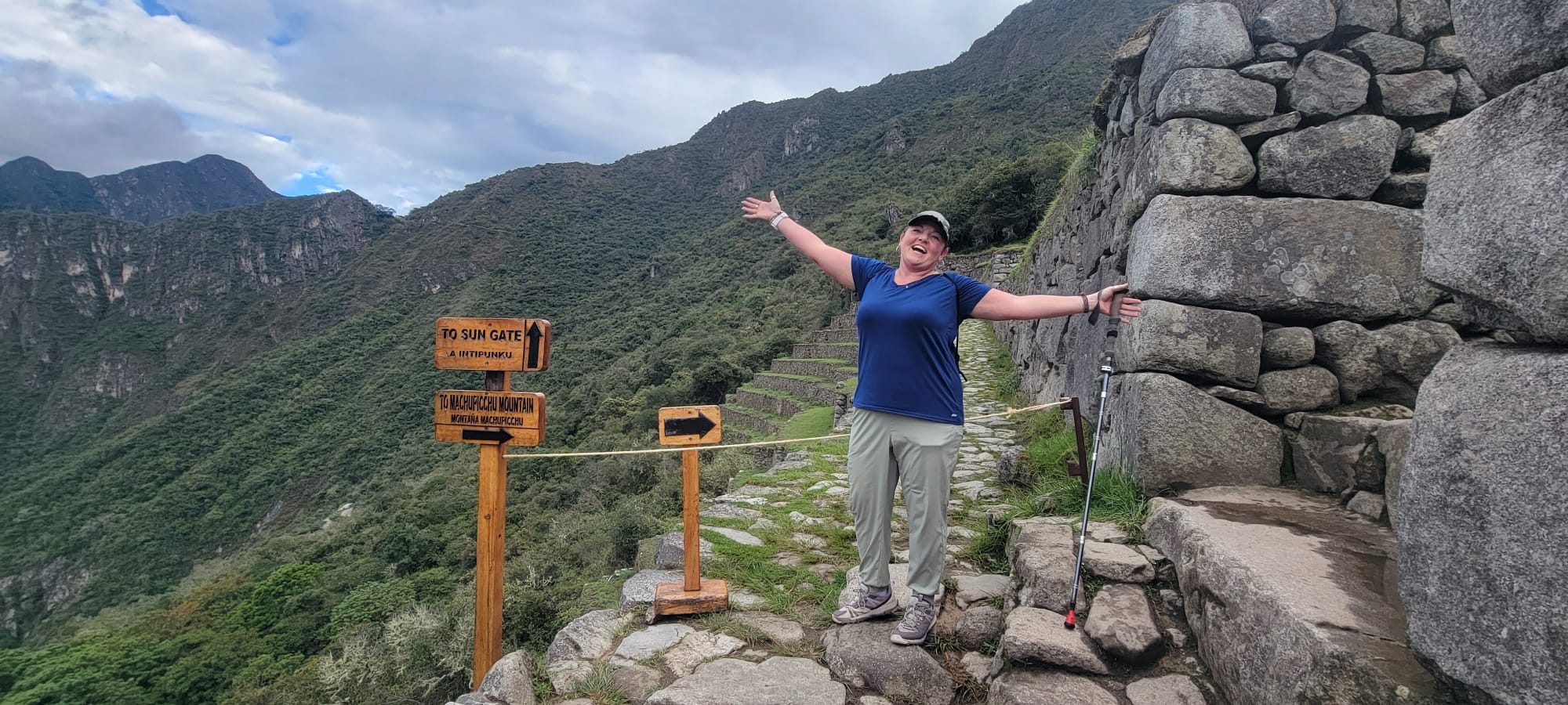 Tiffany Watt at the Sun Gate on the Inca Trail overlooking Machu Picchu, Peru