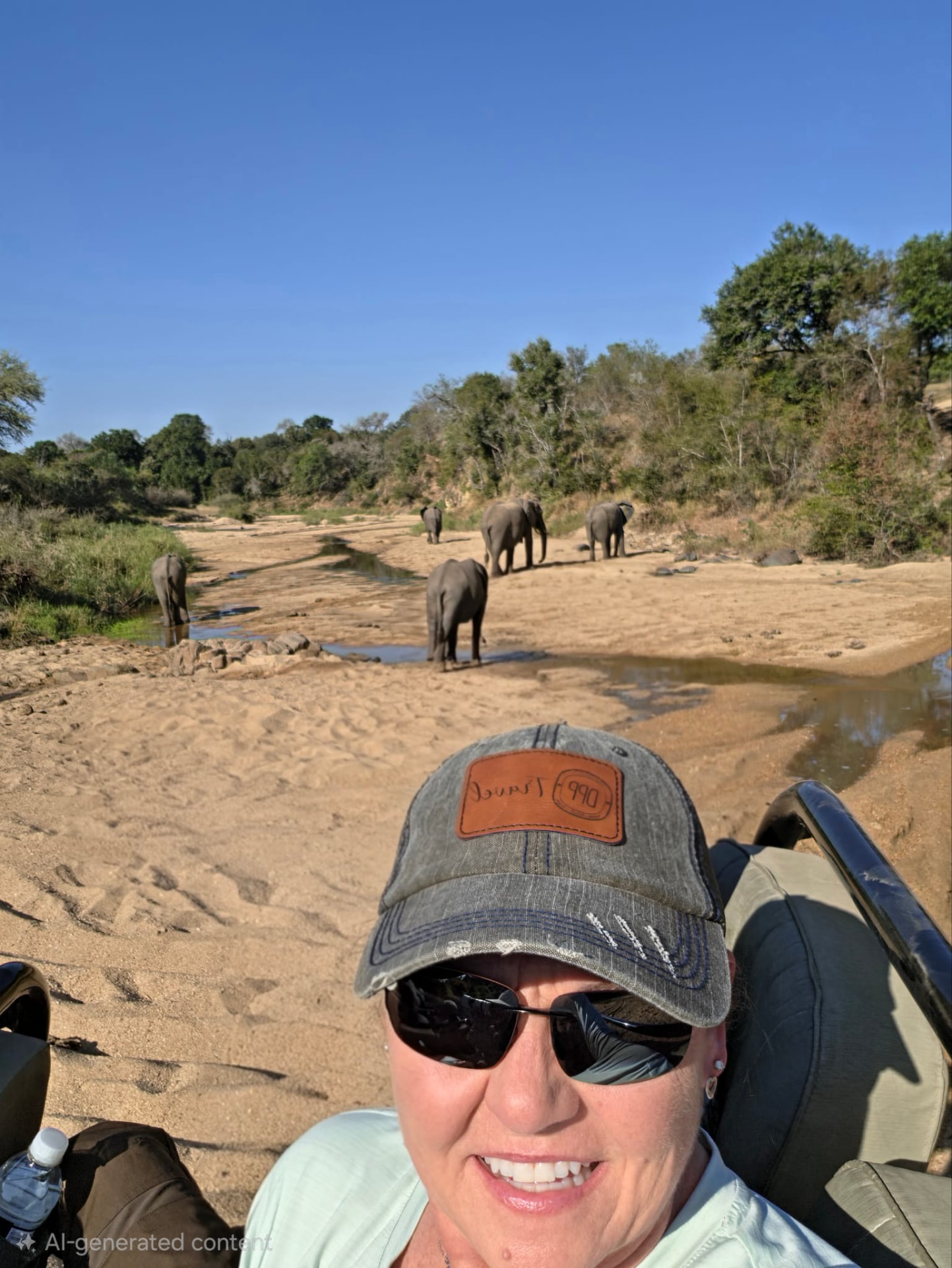Tiffany Watt on game drive at Inyati Private Game Reserve with a herd of elephants in a dry riverbed