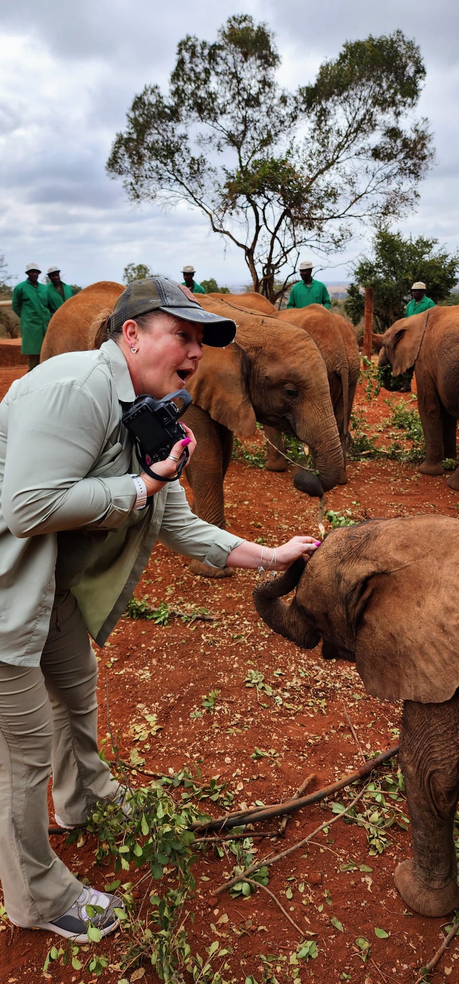 Tiffany Watt at an elephant sanctuary in East Africa, reaching out to a baby elephant